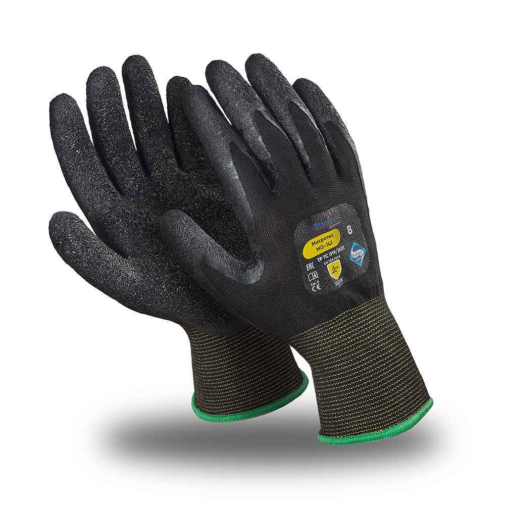 Перчатки МИКРОТЕХ (MG-141), нейлон, латекс частичный, оверлок, цвет черный – 1