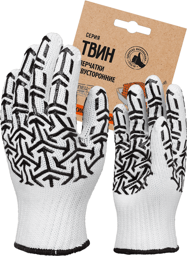 Перчатки трикотажные с ПВХ "СТРЕЛА" белый/ черный, (Пер 053Я), картонный ярлык – 1