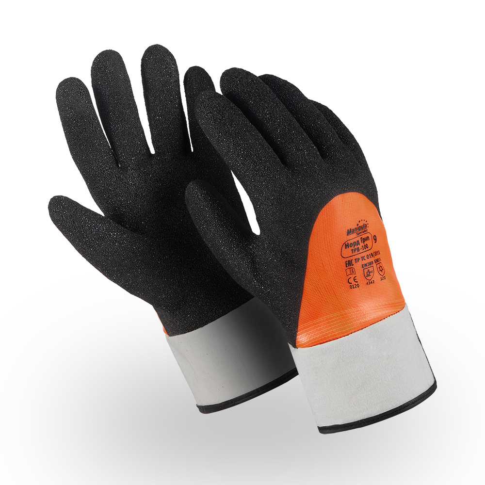 Перчатки НОРД ГРИП (WG-761), акрил, нейлон, ПВХ + Coral Grip 3/4, крага, цвет черно-оранжевый – 1