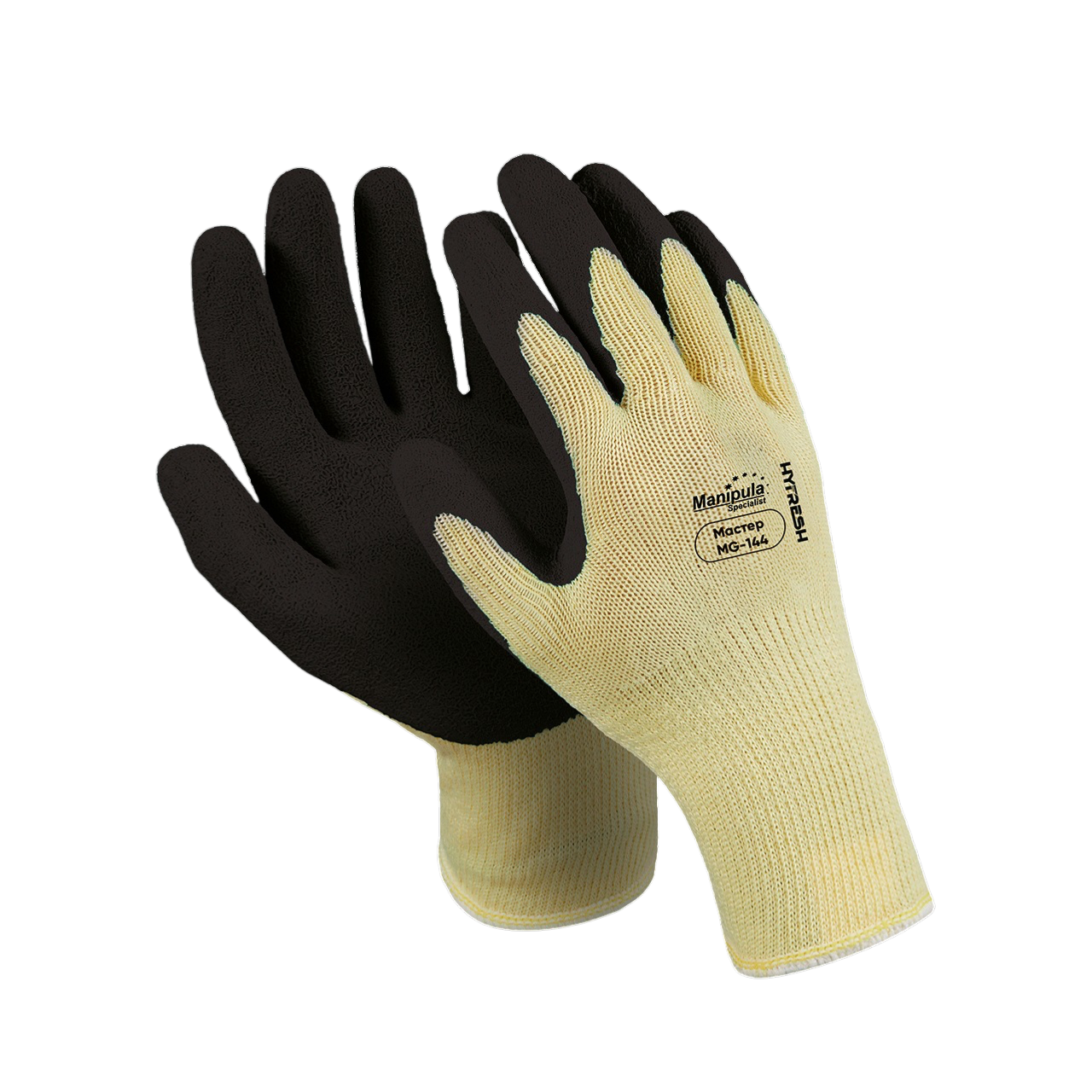 Перчатки МАСТЕР (MG-144), полиэфир, латекс частичный, оверлок, цвет желто-черный (РФ) – 1