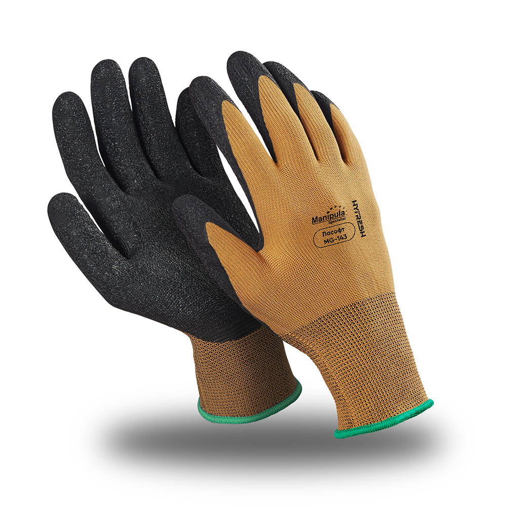 Перчатки ЛАСОФТ (MG-143), полиэфир, латекс частичный, оверлок, цвет коричневый (РФ) – 1