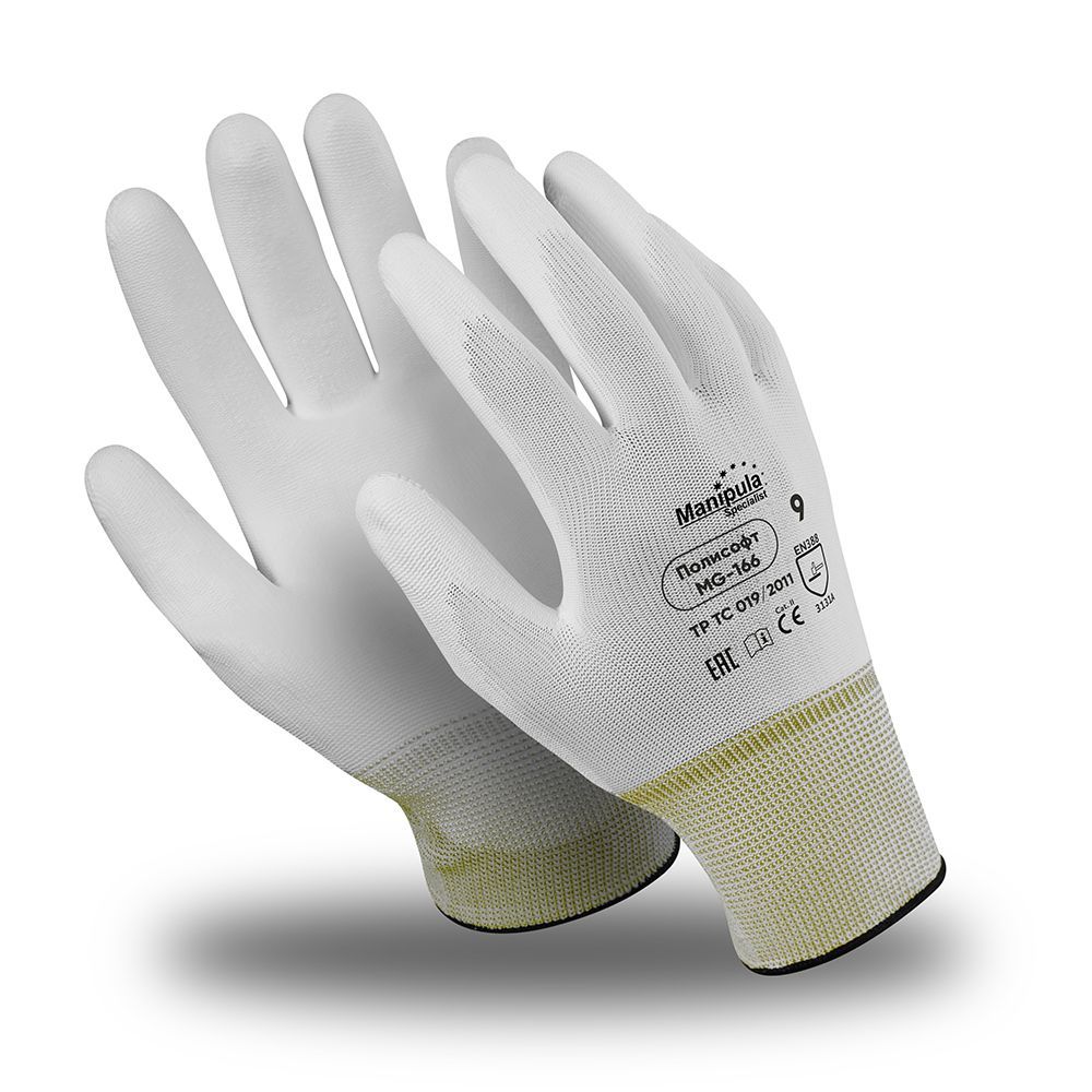 Перчатки ПОЛИСОФТ (MG-166), полиэфир, полиуретан частичный, оверлок, цвет белый – 1